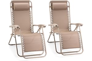 VonHaus Zero Gravity Chairs Set of 2 - Reclining Sun Loungers for Garden - Textilene Folding Sunloungers with Detachable Headrest - Fold Away 2 Set Deck Chairs for Outdoor, Patio (Taupe)