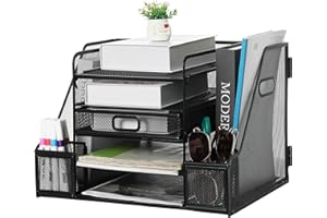 Vikmyer Organizzatore da scrivania a rete con portadocumenti, vassoio portacarte a 5 livelli con cassetto e portariviste, organizer da scrivania e portaoggetti per l'ufficio (Nero)