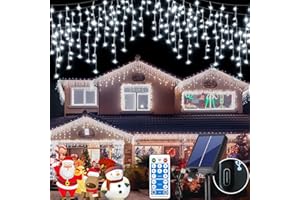 RJEDL Solar Icicle Christmas Lights, 15+5M/66Ft 600LED Icicle Fairy Lights Outdoor Waterproof with Remote, 8 Modes Connectable Curtain String Lights for Window Xmas Tree Decoration