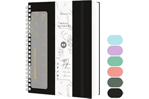 Qefuna Cuaderno de Puntos A5, Bullet Dot Journal,Cuaderno de Espiral de 300 Páginas,Papel Antitinta de 100 g/M²,Tapa Dura de PVC, con Regla,Bolsillos Ampliables,Bandas Elásticas,14,5 x 21 cm-Negro