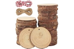 BUCOMTU Dischi Legno Grezzo 7-8 cm,40 Pezzi Dischetti Legno con fori,Fette di legno naturale con 2 fili di cotone,Perfetto per fai da te,artigianato,matrimoni,decorazioni natalizie