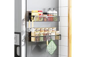 Aufworld Porte-épices magnétique pour réfrigérateur - Lot de 2 étagères magnétiques, organisateur frigo avec 4 crochets amovibles, étagère magnétique pour rangement et organisation de cuisine(2 PACK)