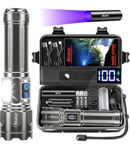 Blukar - Linterna LED Ultra Potente, Superluminosa, Linterna Recargable De 5000 MAh, LED Antorcha IPX6, Impermeable, 5 Modos Y Zoomable Para Acampar/ Emergencia(con 3 Pilas AAA), Color Azul