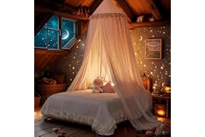 Eimilaly Prinzessin Bett Baldachin für Mädchen, Doppelte Lage Baldachin mit Cutout Sterne, atmungsaktiv & waschbar Stoff, passt Twin/volles Bett - Fairy Bett Zelt für Kinderzimmer Dekoration, rosa