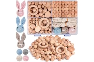 PACKRA Holzperlen Holzringe Set, Buchenholz Perlen Selber Machen 233 Stk, Buchstaben Gehäkelt Holz Perlen Natur, Rund Holzkugeln mit Loch für Basteln DIY Makramee Zubehör