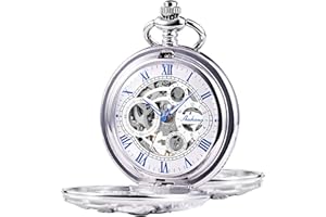 TREEWETO Reloj de Bolsillo mecánico para Hombre, diseño de dragón de ensueño, Esqueleto Medio Cazador, Doble Apertura, Color Plateado, Bronce, Caja Negra para Hombre