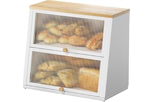 Urackify Grande contenitore per il pane a due strati, contenitore per il pane nero con porta a righe, contenitore per il pane con manico in legno, contenitore da cucina con strato rimovibile (bianco)