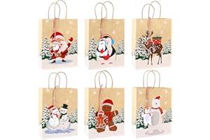 DONGZHI Geschenktüten Weihnachten mit Etiketten, 12 Stück Weihnachtstüten mit Henkel und verschiedenen Weihnachtsmotiven, Kraftpapier Papiertüten Weihnachten für Geschenke, Mitgebsel und Party (Brown Kraft)