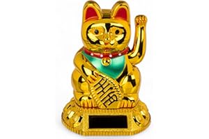 MIJOMA Solarbetriebene Wackelfigur - Bewegliche Figur mit Solarzelle, Kunststoff, 10 cm hoch, Keine Batterien notwendig, Für Fensterbretter, Autos & sonnige Plätze (Winkekatze Gold glänzend)