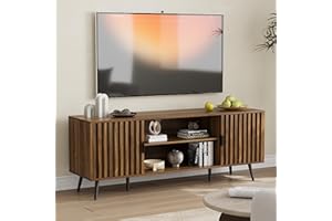 SMART FENDEE Mid Century Modern TV Stand for TVs Up to 60", Wooden TV Console with Fluted Doors and Adjustable Shelf, Farmhouse Entertainment Center for Living Room, Bedroom, Walnut