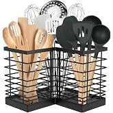 Suli Extra Large Kitchen Utensil Holder, 3 Compartments, Black | Metal Storage Frame Ideal for Country-Style Kitchen Countert