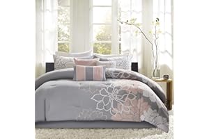 Madison Park Breathable, Soft Cover, Modern Print, All Season Down Alternative Cozy Bedding with Matching Shams, Cotton, Grey/Blush 7pcs, King