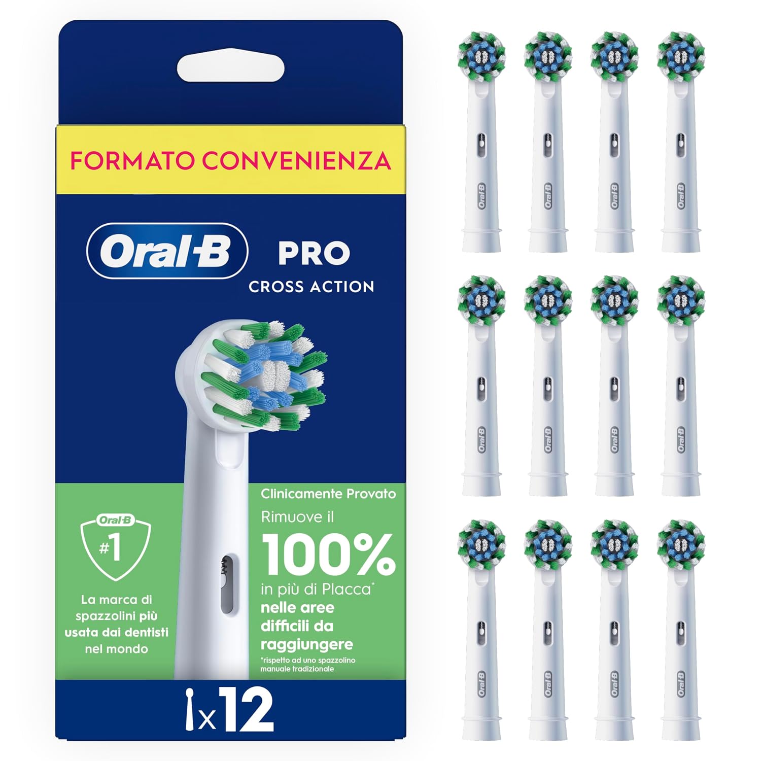 Oral-B Testina Di Ricambio PRO Cross Action Bianca, Confezione Da 12 Testine | 12 Testine di Ricambio per Spazzolino Elettrico, Autentiche, Setole Angolate che si Adattano a ogni Dente, Pulizia Denti