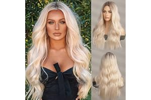 Kellynee Blonde Middle Parting Wig - Long Wavy Ombre Blonde Wigs with Dark Roots for Women, Realistic Synthetic Heat Resistant Hair, Best Cute Wigs for Daily/Halloween/Party/Cosplay