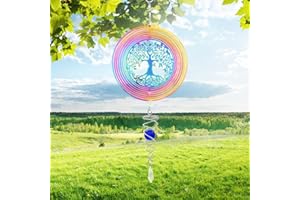 LUKDUNG Metal Wind Spinner, 3D Hanging Rotating Wind Chimes, Rainbow Tree of Life Wind Sculptures, Art Ornaments Decorations for Outdoor Yard Garden Balcony, Diameter: 15cm