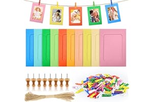 Hengxinchen 20 Pezzi Cornici in Carta Con 150 Pezzi Mollette Legno Piccole,Cornici per Foto in Carta Per le Foto Polaroid con 10M Jute String DIY (10 x 15 cm, colore)