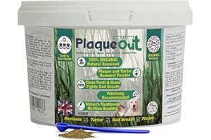 PLAQUE OUT 450g Pot - Plaque Off Remover - 100% Natural and Organic Seaweed Powder for Dogs & Cats - Dog Teeth Cleaning, Plaque Removal, Pet Dental Care, Bad Breath, Gum Care and Tartar Control