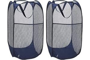 VIPITH Laundry Hamper, Large 60 Liters Pop-Up Laundry Hamper, Foldable Mesh Hamper with Carry Handles for Clothes and Toys Storage (Blue), Pack of 2