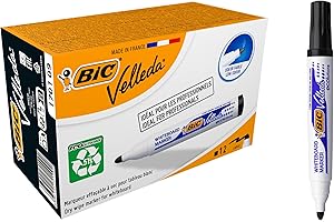 BIC Velleda 1701 ECOlutions Feutres pour Tableau Blanc Effaçables à Sec (Parfait pour l'Ecole et au Bureau / Pointe Conique Large) - Noir, Boîte de 12
