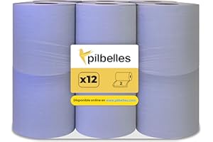 PILBELLES 12 Bobines Dévidage Central Essuie-Tout Bleu | Rouleaux Papier 2 Plis | 100 m/rouleau