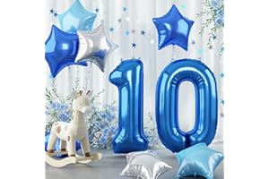 GOVPY Dark Blue Number 10 Balloons, Big Light Royal Blue Silver Star Foil Mylar 10 Balloon, 40 Inch Pastel Metallic Sky Blue Self Inflating 10 Balloon for Boys 10th Birthday Anniversary Party Decoration
