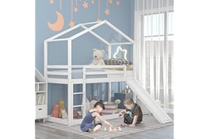 HESHU Kinderbett Etagenbett 90x200, Hochbett Kinder mit Rutsche, Stockbett Für 2 Kinder, Hausbett, Etagenbettrahmen, Spielbett, Jugendbett, Etagenbett, ohne matratze (Etagenbett mit Rutsche-weiß)