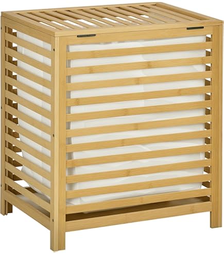 Mobiletto Portabiancheria In Bambù COSTWAY - Cesto 68L Ribaltabile Con Ripiano - 50x35x64cm