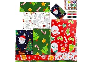 EDUNASS Papier Cadeau Noel Enfant,Papier Emballage Cadeau Noel avec Ruban,Papier Noel Demballage,Kit Papiers Cadeaux de Noel avec Rouge vert Bleu Santa,lot Papier Cadeau Enfant Noel pour Garçon Fille Bambin