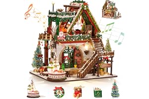 Cuteefun jul miniatyrhus kit, med musiklåda och LED, julstuga | 3D-träpussel för vuxna, gör din egen julhusmodell, utsökt heminredning, kreativ present till jul födelsedag