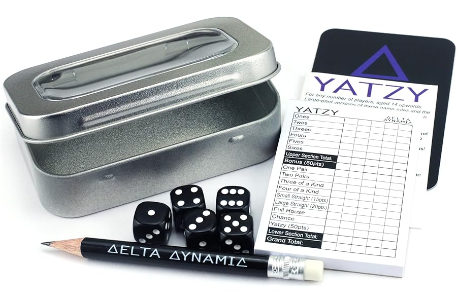 Delta Dynamic Products Yatzy Travel Tin – Traditional Dice Game in a Compact Hinged Storage Tin. Pocket-Sized Set (9.6 x 6.2 x 2.2cm). UK-Made.