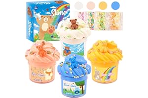 GEILEADER 4 Pack Butter Slime Kit, Cute Stuff for Kid Bear Slimes Kits, Super Soft and Non-Sticky, Stress Relief Toy for Kids Education Girls and Boys with Cute Charms Add-ins, Birthday Party Favors
