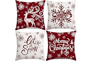 Miaikoe Merry Christmas Cushion Covers 45x45cm Snowflakes Let it Snow Moose Winter Holiday Red Cushion Cases for Christmas Holiday Coach Sofa Decorations Set of 4