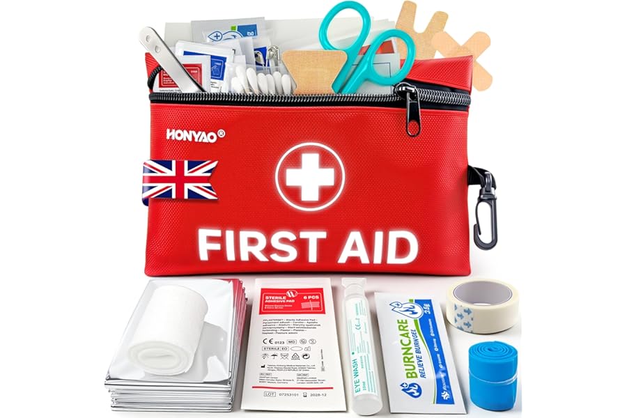HONYAO First Aid Kit, 105 Pieces Small First Aid Kit, Includes Plasters, Emergency Foil Blanket, Burn Gel for Travel Car Home Workplace Kids Camping Hiking Motorbike Holiday, Red