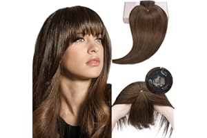Elailite Hair Topper Capelli Veri Clip con Frangia Extension Donna Mono Base 10cm*10cm Protesi Toupet Toupee Human Hair 25cm 32g #4 Marrone Cioccolato