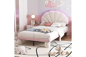Ymkua Polsterbett Einzelbett 90x200 cm, Kinderbett Bett mit LED-Leuchten und Lattenrost, Bettgestell mit Kopfteil und Gepolsterter Runden Beine für Kinder, Jugendliche, Samt, Beige+Rosa, Ohne Matratze