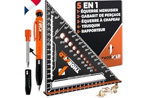 THORVALD 5 en 1 Equerre Menuisier 180 mm + Crayon Chantier - Multifonction : Trusquin/Raporteur/Gabarit de percage/Equerre a chapeau - Aluminium