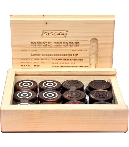 Synco Set Completo Pedine Carrom Da Torneo – 24 Pedine (11 Bianche, 11 Nere, 2 Rosse) + Striker 15g, Professionale, Fatto In India