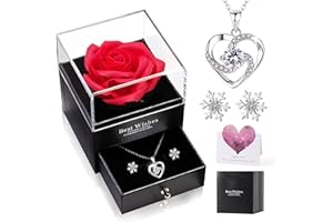 KLVdopiw Ewige Rose Geschenke für Frauen[Halskette Schneeflocke Ohrringe] Hochzeitstag Geschenke für Sie, Ewige Blume Schmuck Geschenkbox,Geburtstagsgeschenk Geschenke für Freundin Valentinstag