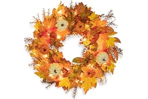 Art Beauty Autumn Wreath with LED Lights and Timer 55cm Pumpkin Wreath Decor for Halloween Door Window Mantel Table Decor (NOT Pre-Strung)