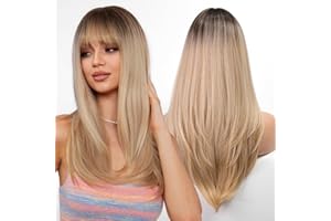 WOKESTAR Long Straight Wigs for Women with Fringe, Layered Synthetic Blonde with Highlights Color Wigs for Women