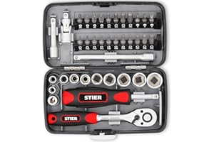 STIER Steckschlüssel- und Bit-Satz, 38-teilig, Umschaltknarre 1/4 Zoll, Sechskant-Steckschlüsseleinsatz 1/4 Zoll, Innensechskant- Phillips- Schlitz-Bits