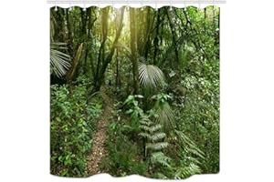 JOOCAR Design Shower Curtain, Tropical Rainforest Lush Green Foliage in Jungle, Waterproof Cloth Fabric Bathroom Decor Set with Hooks