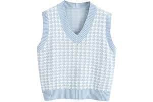 SHZFGUI Womens Sweaters Fall 2024 Sleeveless College Sweater Women Casual Holiday Warm Sweater Cropped V Neck Cozy Checked Sweaters Women