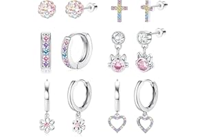 Morfetto 6 Paia di Orecchini per Ragazze in Argento, Set di Orecchini a Vite in Acciaio Inossidabile Anallergici, Carini a Cuore, Farfalla, Huggie Hoop, Orecchini con Vite e Pendenti per Bambini