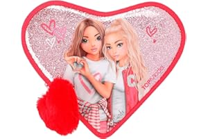 Depesche 12260 TOPModel One Love - Piórnik z wypełnionym sercem w kolorze czerwonym z motywem modelki i brokatem, piórnik z kolorowymi kredkami, nożyczkami, linijką itp.