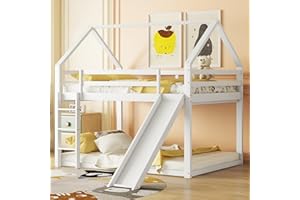 TZCIN Bunk Bed Children's Bed 140 x 200 cm with Slide and Ladder, Double Bed House Bed for 2 Children, High Double Bunk Bed, Play Bed, Children's Bed, Tree House Double Bed with Fall Protection and Slatted
