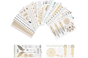 Frevoitna 12 Hojas Tatuajes Temporales Adultos, Tatuajes Dorados Festival Accesorios, Pegatinas de Tatuajes Temporales Metálico para Mujeres Arte Corporal, Tatuaje Temporales A Prueba de Agua