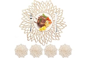 MI CASA Placemats and Coaster Set of 6, Gold Round Table Placemats Dining Table Mats Heat Resistant Anti-slip and Washable Place Mats for Christmas, Wedding, Dinner Parties, Restaurant, Hotel