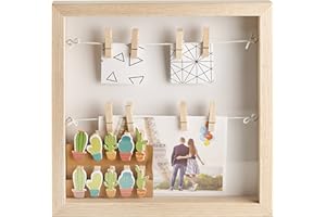 Gadgy® Marco de Fotos 3D - Caja de Madera con Profundidad y 18 Pinzas, Portafotos Decorativo para Pared en Blanco/Negro - 25x25x4 cm