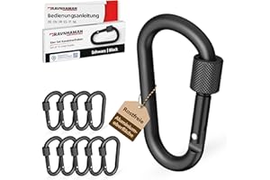 RAVN HAMAN 10 x Schraubkarabiner - Schwarz - - Karabiner mit Schraubverschluss bis 30 kg - - Karabinerhaken für drinnen und draußen - - Haken für Hängematte, Boxsack, Dekoration etc